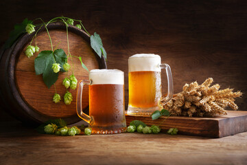 mug of beer, wheat ears, green hops and beer barrel
