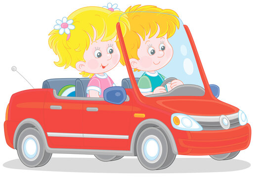 Little girl and boy driving a beautiful red toy car, vector cartoon illustration isolated on a white background