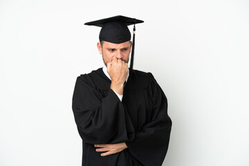 Young university Brazilian graduate isolated on white background having doubts