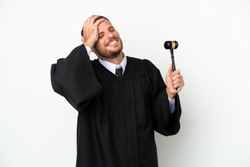 Judge caucasian man isolated on white background smiling a lot