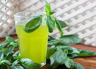 Glass of lemonade made from green basil and lemon - 457186121