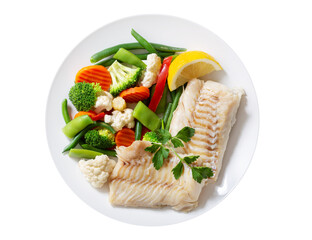 Plate of fried cod fish fillet with vegetables isolated on white background