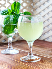Glass of lemonade made from green basil and lemon - 457186160