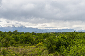 View of landscape in spring under the mountains of the Greater Caucasus