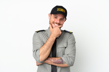Young security Brazilian man isolated on white background happy and smiling