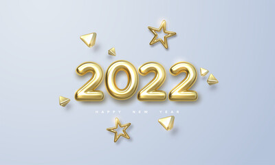 Holiday vector illustration of golden metallic numbers 2022 and 3d gold shapes