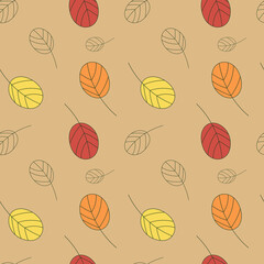Vector seamless pattern with falling leaves in red, orange and yellow colores on light beige.Outlines and autumn vibes.Cozy seasonal design for prints,textile,wrapping paper