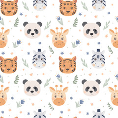 Seamless pattern with cute animal faces. The muzzle of a tiger, zebra, giraffe, panda on a white background. Vector for textiles and poster design, kids' clothing