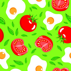 Fried egg and tomato fruit whole and half slice on green background seamless pattern. Vector illustration.