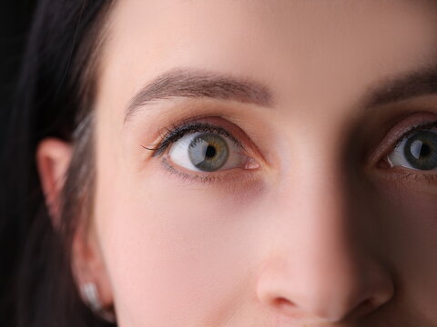 Closeup of female eyes with permanent eyebrow makeup and false eyelashes