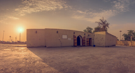 Jawatha mosque from jawatha public park in Hufof, Saudi Arabia panoramic photo during sunset