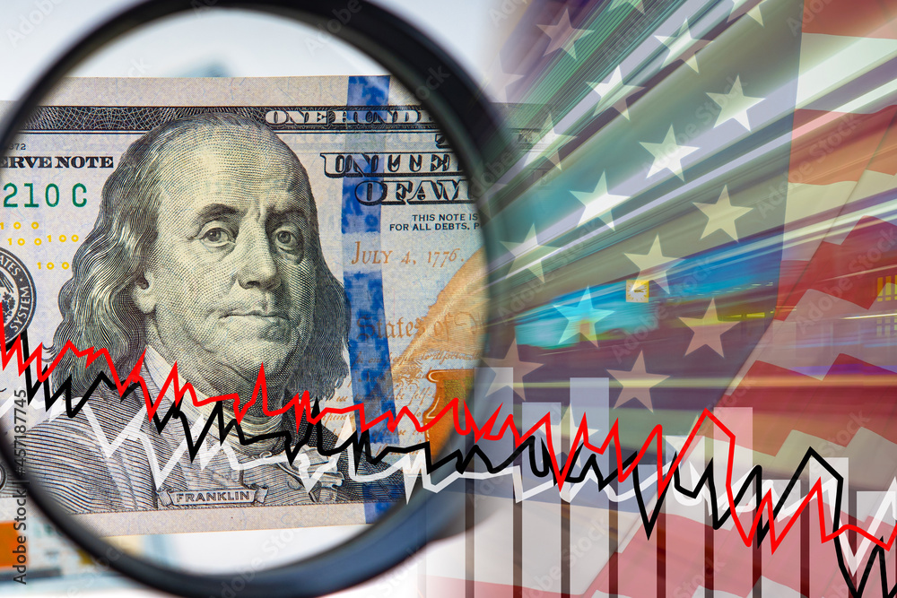 Poster fall of the economy of us stock exchange. flag next to the declining chart. falling chart symbolizes