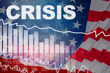 USA economic crisis. Crisis logo on a USA flag background. Concept is approaching crisis in America. Decline in GDP growth led to financial depression. Economic depression in securities market.
