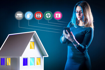 Woman controls smart home. Layout of a house next to a businesswoman. IOT icons next to girl. She...