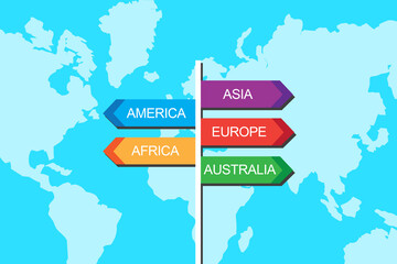 Moving around the world for business. Global business concept. Index of continents on a world map background. International company creation and management. Business tourism and travel.