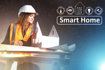 Smart house icons next to a woman architect. Smart home logo on a dark background. Girl in uniform...