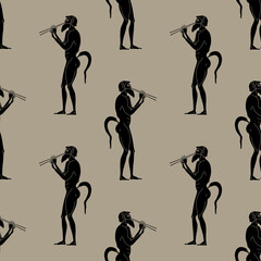Seamless monochrome pattern with ancient Greek satyrs playing flute. Vase painting ethnic style. Black silhouettes on gray background. - obrazy, fototapety, plakaty