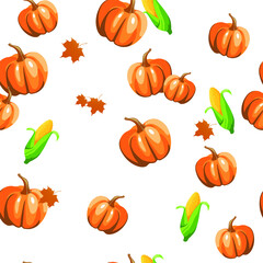 Seamless pumpkin and corn background. Vegetables season vector background. Pattern for design halloween autumn vegetables vector. Vector background orange pumpkin and corn theme for thanksgiving day