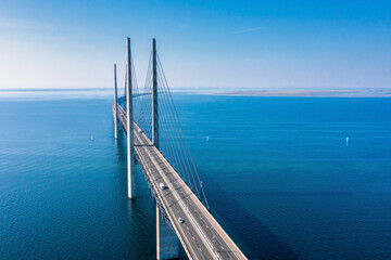 Panoramic aerial view of the Oresundsbron bridge between Denmark and Sweden. Oresund Bridge view at sunset.