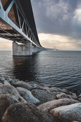 Panoramic view of the Oresundsbron bridge between Denmark and Sweden. Oresund Bridge view at sunset.