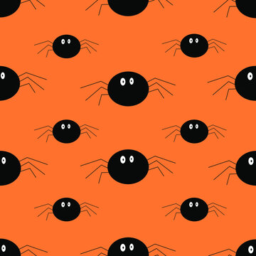 cute pattern with black spider on the orange background for halloween
