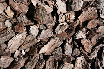 The texture of crushed tree bark on a close-up background. Crushed brown tree bark for decoration.Mulching of the soil. Decorative gardening High quality photo