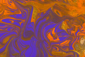 Abstract orange purple gold marble background. Acrylic painting conceptual Halloween. A festive layout for autumn greetings. The original fragment of the picture. Fashionable background for postcards.