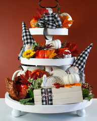Thanksgiving Farmhouse 3 three tier tray decorated with turkey, stack of books, white and ornage...