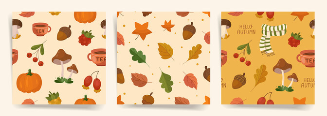 Autumn seamless patterns collection. Set of cozy backgrounds with autumn oak, maple, birch leaves, mushrooms plants and berries for fabric, textile, paper decorative design. Forest and farm prints set
