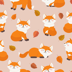 Seamless autumn fox pattern with leaf fall. Cute cozy cartoon foxes and birch leaves in orange, brown, beige and white colors. Seamless pattern tile for decorative textile, fabric. Vector fall print.
