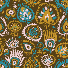 Vector seamless colorful design pattern botanical cute spring herbs and flowers in Boho colors