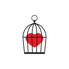 Locked bird cage with red heart icon. Trap, imprisonment, jail concept.