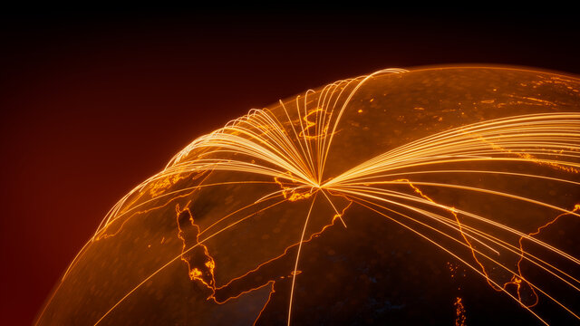 Futuristic Neon Map. Orange Lines connect Dubai, UAE with Cities across the World. Global Travel or Communication Concept.