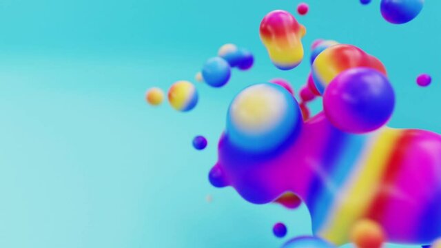 Liquid rainbow multicolored animated metaball or organic floating spheres blobes drops or bubbles 3d render abstract background. Fluid moving water clouds beautiful creative animation