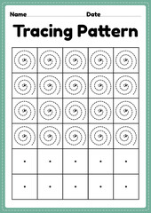 Tracing pattern spiral lines worksheet for kindergarten, preschool and Montessori school kids to improve handwriting practice activities in a printable page.