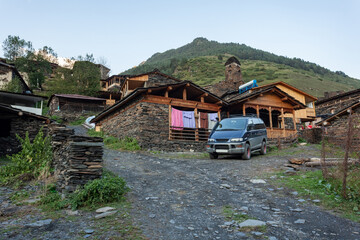 Fototapeta premium Ancient Georgian Village - Dartlo, Tusheti, Kakheti Region. Stone houses and towers