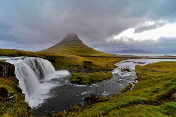 Mt. Kirkjufell and Kirkjufellsfoss Waterfall in Iceland