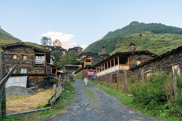 Fototapeta na wymiar Ancient Georgian Village - Dartlo, Tusheti, Kakheti Region. Stone houses and towers