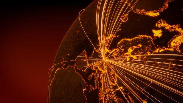 Futuristic Neon Map. Orange Lines connect Frankfurt, Germany with Cities across the Planet. Worldwide Travel or Networking Concept.