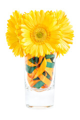 Artificial yellow Gerbera flower bouquet in a crystal vase with satin ribbons, isolated on white