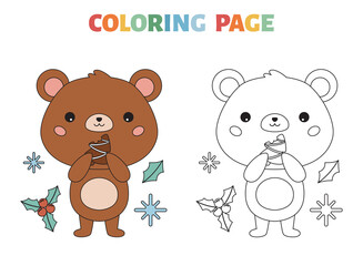 Coloring page with cute bear and Christmas cookie. Cartoon kawaii character. Forest animals. Happy New Year. Vector illustration.