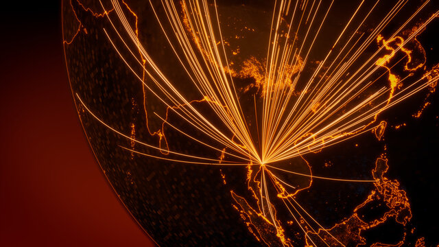 Futuristic Neon Map. Orange Lines connect Bangkok, Thailand with Cities across the World. Worldwide Travel or Business Concept.