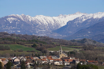 panoramic view of chorges village in the mountains of the alps france