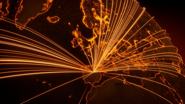 Futuristic Neon Map. Orange Lines connect Madrid, Spain with Cities across the World. International Travel or Business Concept.