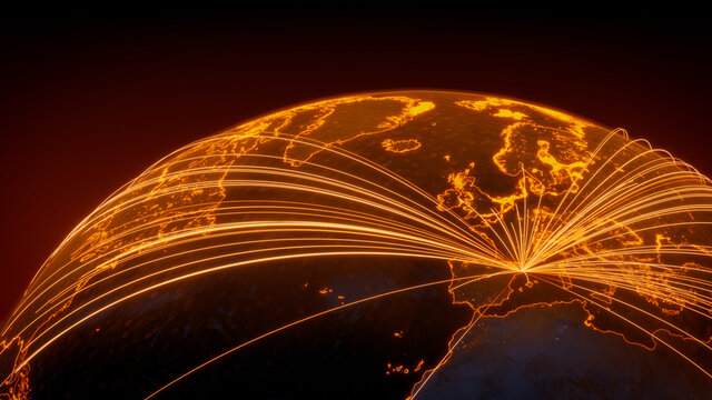 Futuristic Neon Map. Orange Lines connect Barcelona, Spain with Cities across the Planet. International Travel or Business Concept.