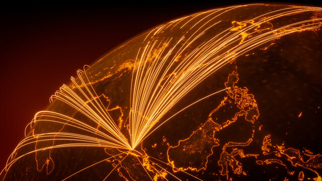 Futuristic Neon Map. Orange Lines connect Kuala Lumpur, Malaysia with Cities across the Planet. Worldwide Travel or Business Concept.