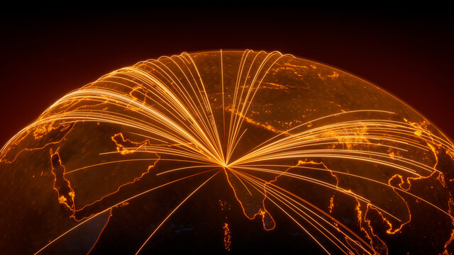 Futuristic Neon Map. Orange Lines connect Mumbai, India with Cities across the Planet. International Travel or Business Concept.