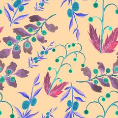 Watercolor seamless pattern with vintage leaves. Beautiful botanical print with colorful foliage for decorative design. Bright spring or summer background. Vintage wedding decor. Textile design.	