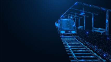 Fototapeta premium The train is at a stop point. Railway station. Polygonal construction of interconnected lines and points. Blue background.