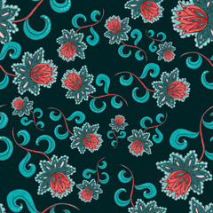 Watercolor seamless pattern with folky flowers and leaves in ethnic style. Floral decoration. Traditional paisley pattern. Textile design texture.Tribal ethnic vintage seamless pattern.	